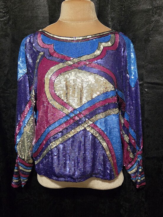 Tops - Silk STAR GROUP SM 1980s Vintage 100% Women's Multicolor Sequin Long-Sleeve Top